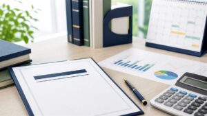人事院勧告による公務員給与の見直しを確認するため、資料、グラフ、電卓、カレンダーを並べた机上イメージ