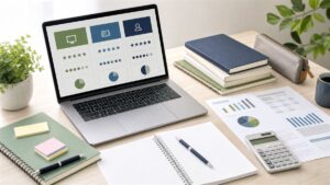 公務員通信講座の費用対効果を比較するため、資料・電卓・パソコンを並べた机上イメージ