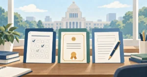 庁舎を背景に、チェック欄のある書類、証書、申請書が並ぶイラスト